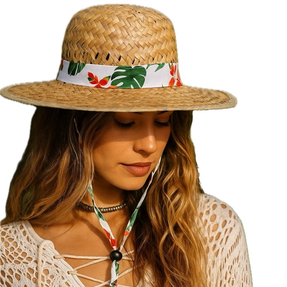 Goldcoast Sunwear Straw Sun Hat Tropical Floral Palm Leaf Band Tan White Green